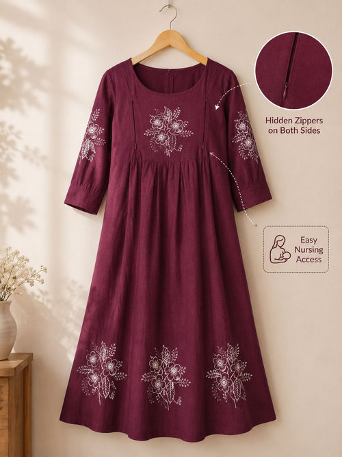 Elegant Maroon Feeding Kurti with Hidden Zippers