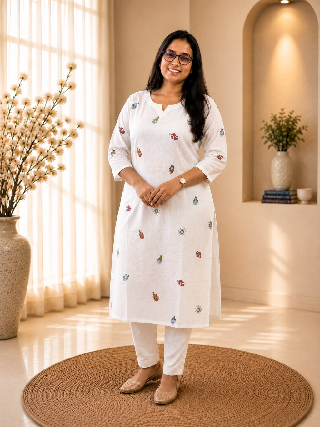 White Printed Mulchanderi Cotton Kurthi